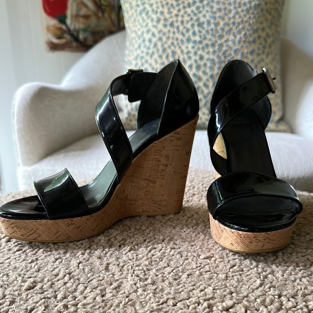 Stuart Weitzman Black Patent Leather Cork Wedges